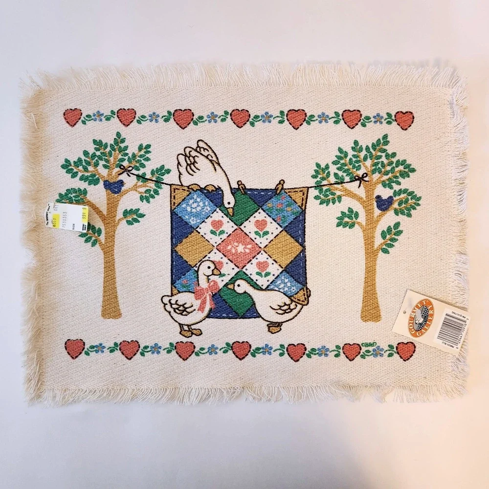 Vtg 80s NOS Goose Geese Quilt Woven Fabric Placemats Set of 2 Country Kitchen